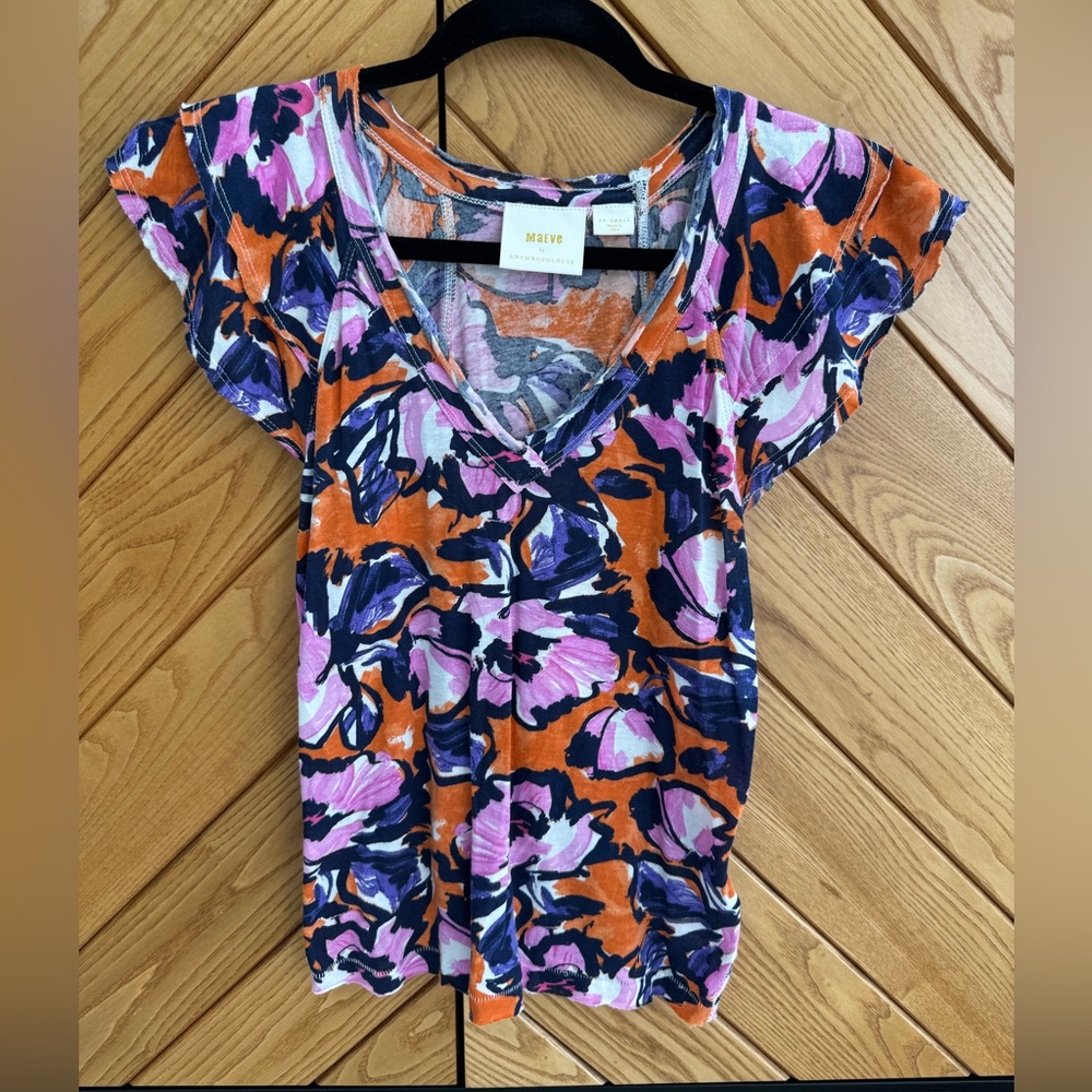 Anthropologie Maeve Floral V-Neck Blouse - Orange and Purple - Size XXS